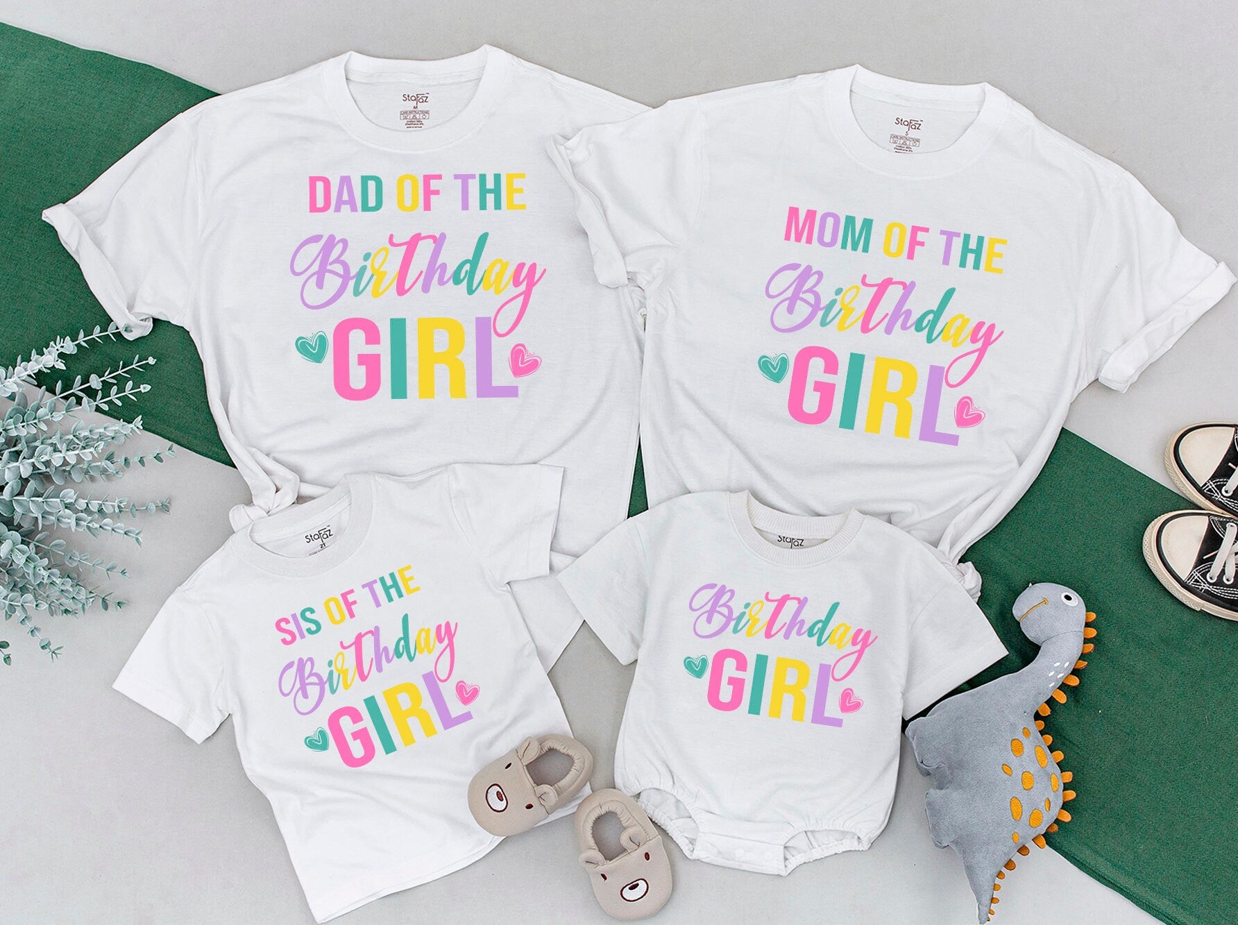 Colorful Birthday Girl Family Matching Shirts for Mom Dad and entire family sweet first birthday party celebration soft cotton comfortable