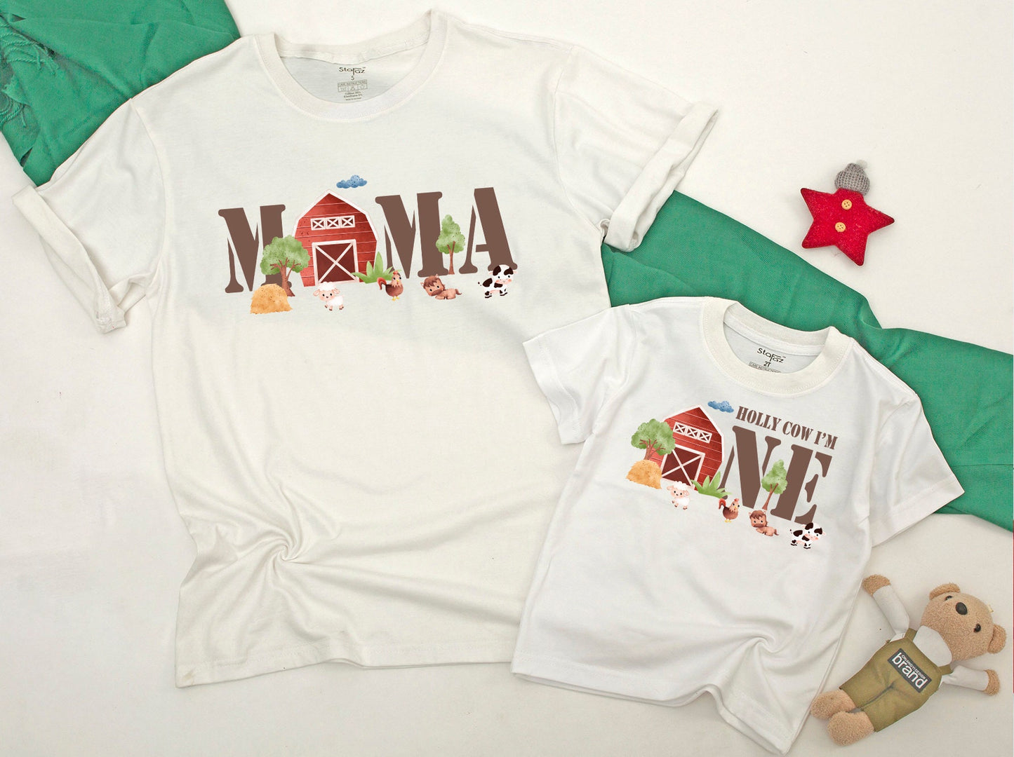Holy Cow I'm One Farm First Birthday Shirts, Matching Family Barn Party T-Shirt, Whimsical Cow Chickens Sheep Earth Tone Celebration