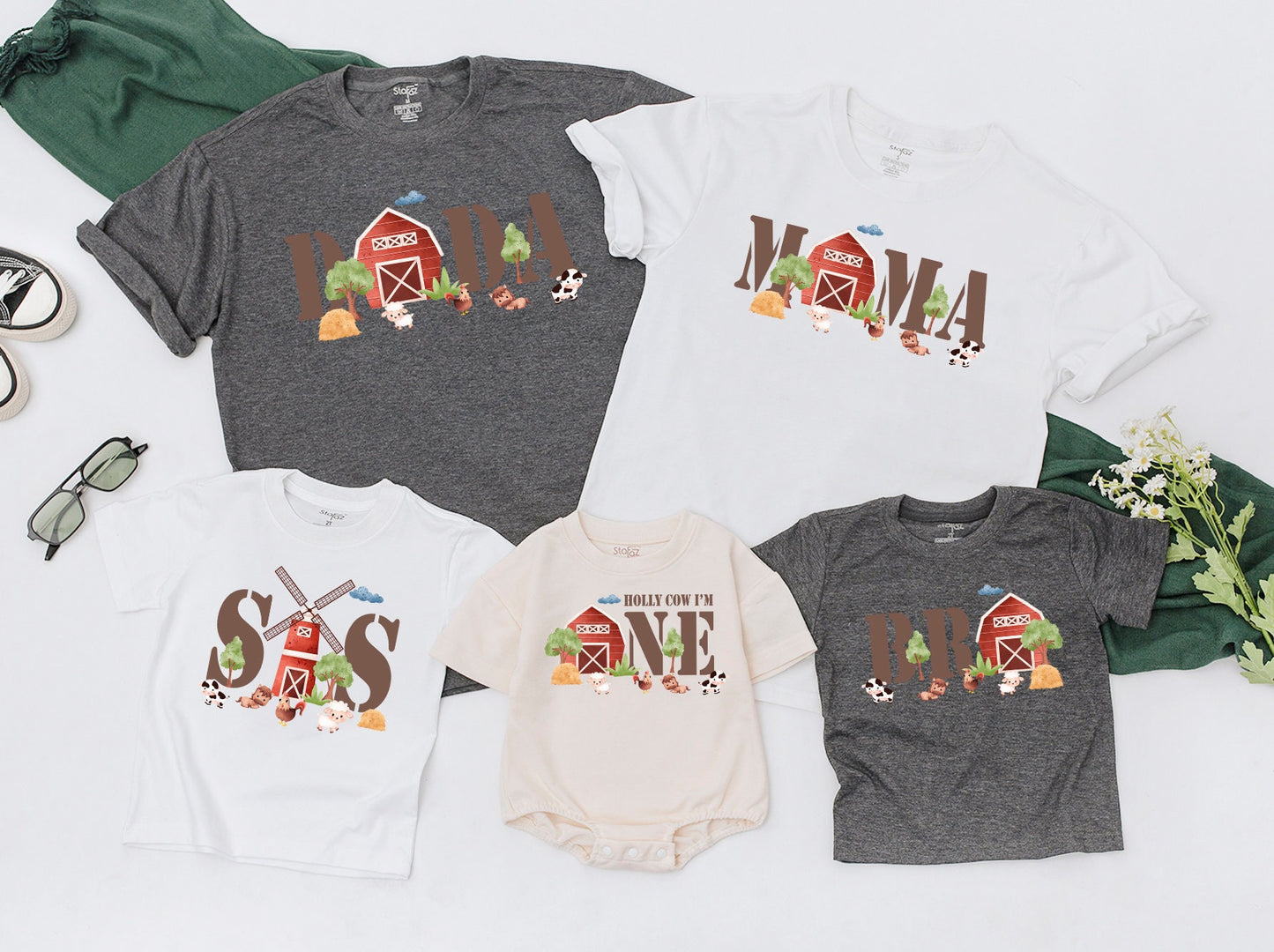 Holy Cow I'm One Farm First Birthday Shirts, Matching Family Barn Party T-Shirt, Whimsical Cow Chickens Sheep Earth Tone Celebration
