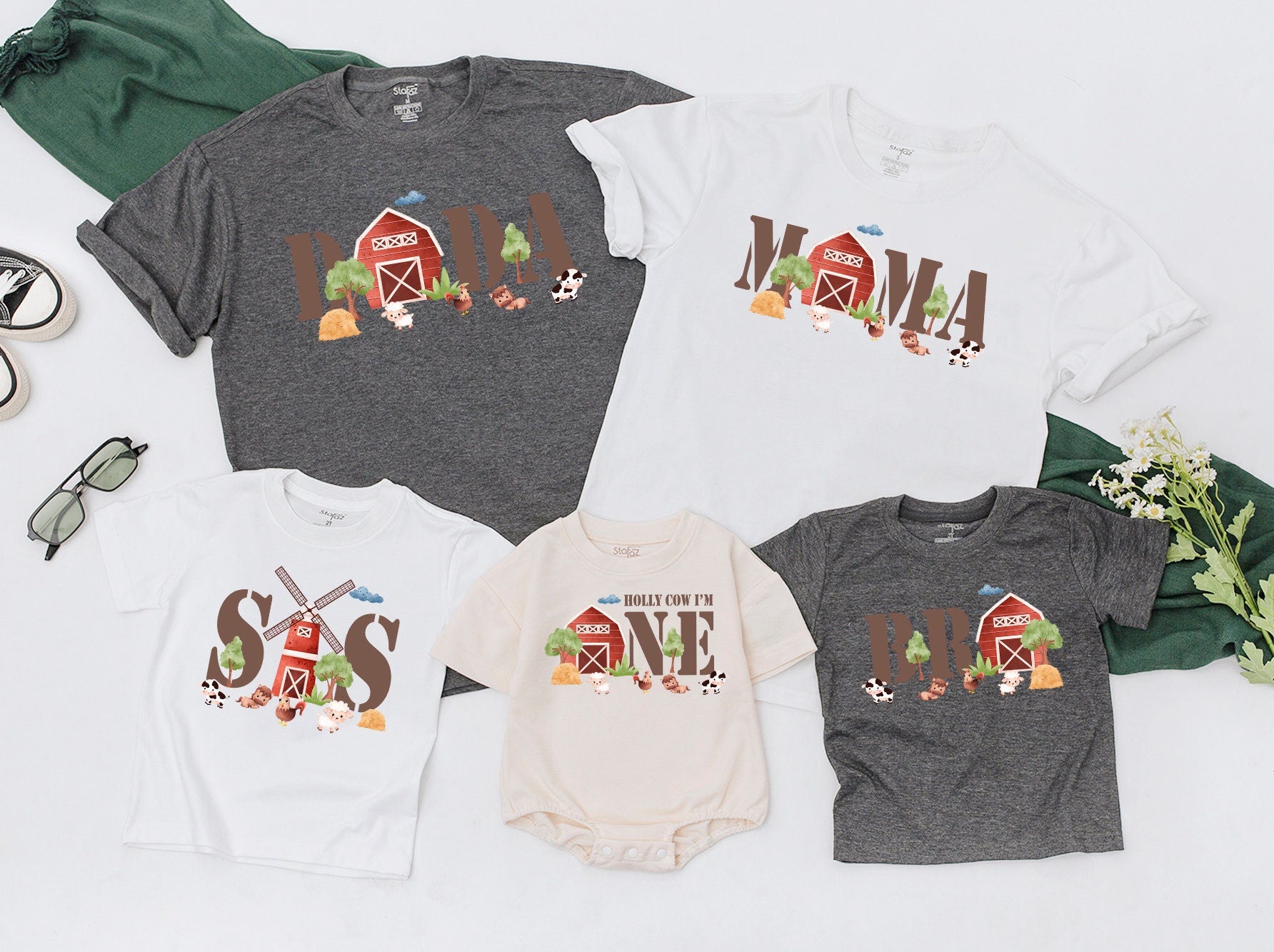 Holy Cow I'm One Farm First Birthday Shirts, Matching Family Barn Party T-Shirt, Whimsical Cow Chickens Sheep Earth Tone Celebration