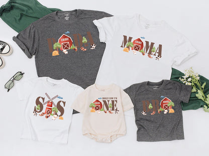 Holy Cow I'm One Farm First Birthday Shirts, Matching Family Barn Party T-Shirt, Whimsical Cow Chickens Sheep Earth Tone Celebration