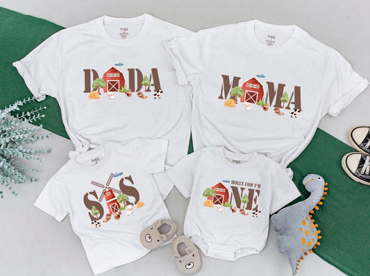 Holy Cow I'm One Farm First Birthday Shirts, Matching Family Barn Party T-Shirt, Whimsical Cow Chickens Sheep Earth Tone Celebration