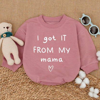 I Got It From My Mama Baby Romper Bodysuit Mother's Day Gift Mama's Bestie Outfit Soft Cotton Minimalist Black Ink Heart Design New Mom Shower Present