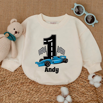 Personalized Open Wheel Race Car First Birthday Romper Baby Boy Checkered Flag Bodysuit with Andy Name Custom Cartoonish Racing Outfit