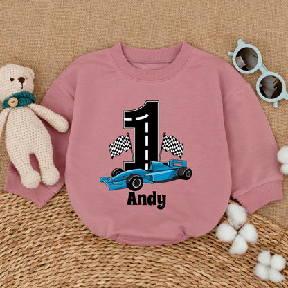 Personalized Open Wheel Race Car First Birthday Romper Baby Boy Checkered Flag Bodysuit with Andy Name Custom Cartoonish Racing Outfit