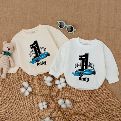 Personalized Open Wheel Race Car First Birthday Romper Baby Boy Checkered Flag Bodysuit with Andy Name Custom Cartoonish Racing Outfit