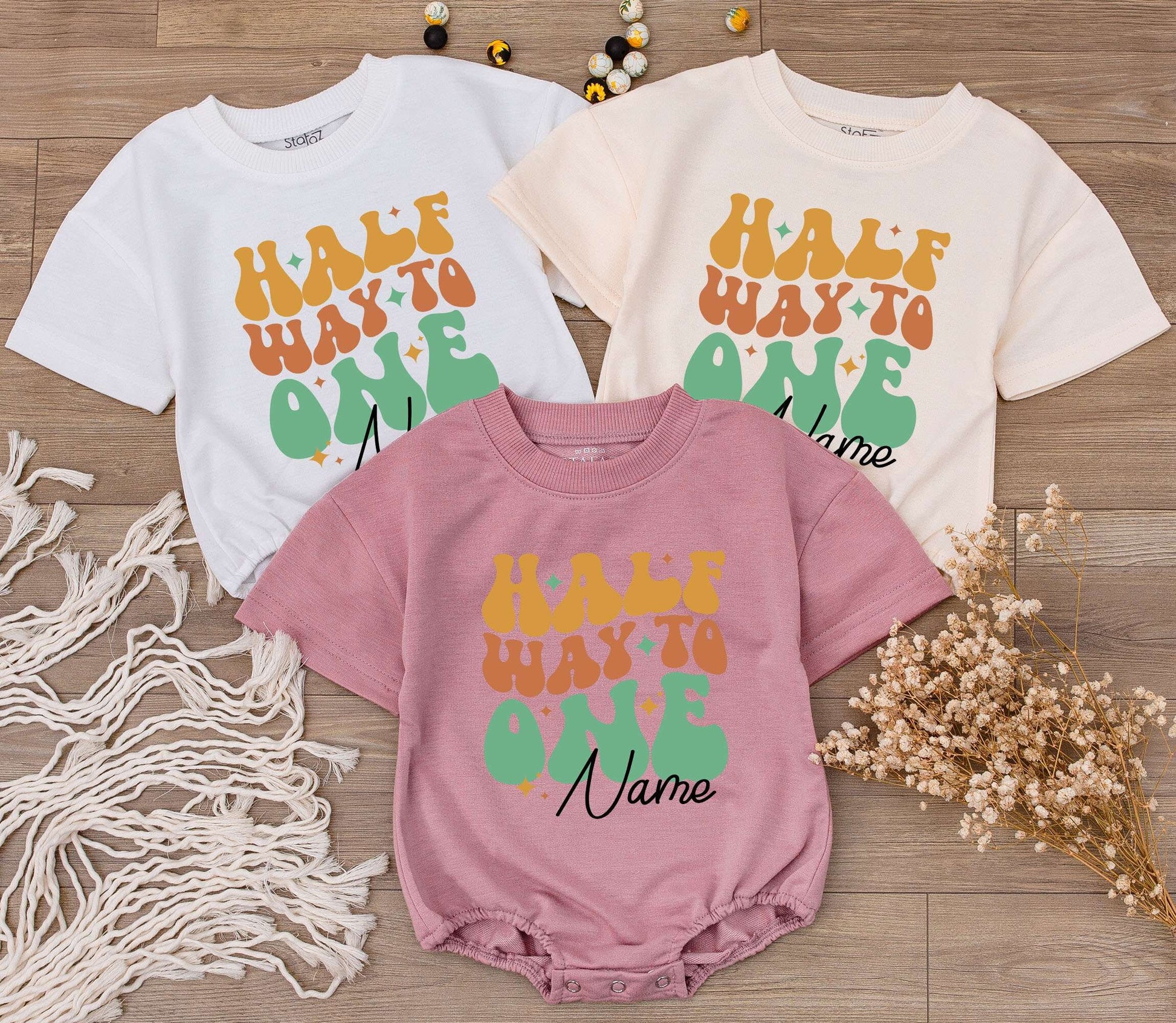 Custom Half Way To One Baby Romper Retro Groovy Orange Green Starburst Design Personalized Name Six Month Birthday Outfit Toddler Infant Soft Cotton Gift Idea