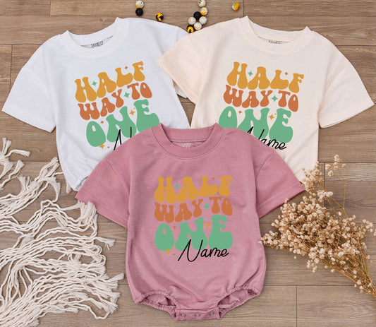 Custom Half Way To One Baby Romper Retro Groovy Orange Green Starburst Design Personalized Name Six Month Birthday Outfit Toddler Infant Soft Cotton Gift Idea
