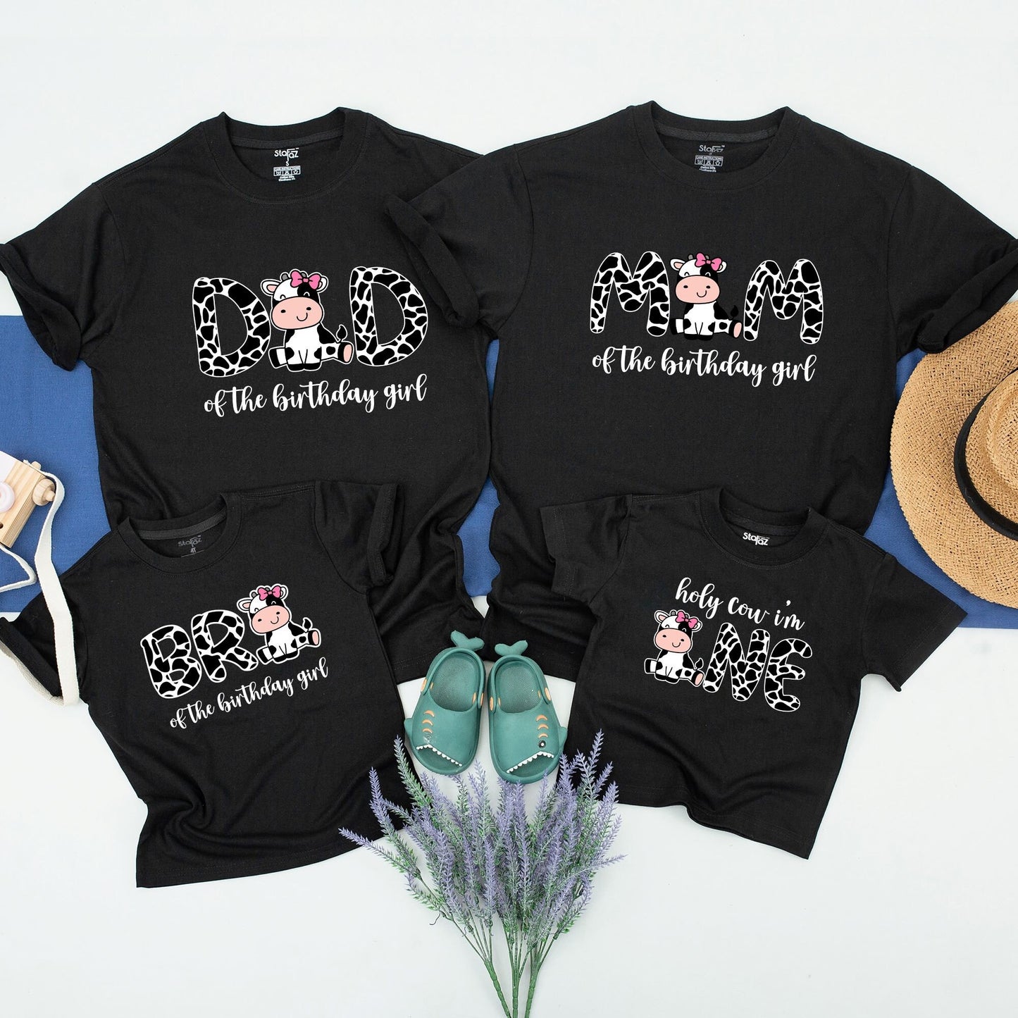 Holy Cow I'm One Matching Family Birthday Shirts with Cow Spot Letters & Cartoon Cow for 1st Birthday Girl Mom Dad Baby Farm Party