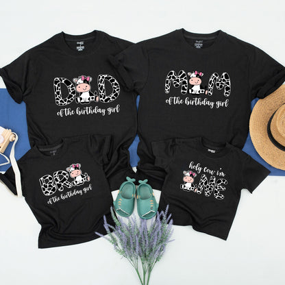 Holy Cow I'm One Matching Family Birthday Shirts with Cow Spot Letters & Cartoon Cow for 1st Birthday Girl Mom Dad Baby Farm Party