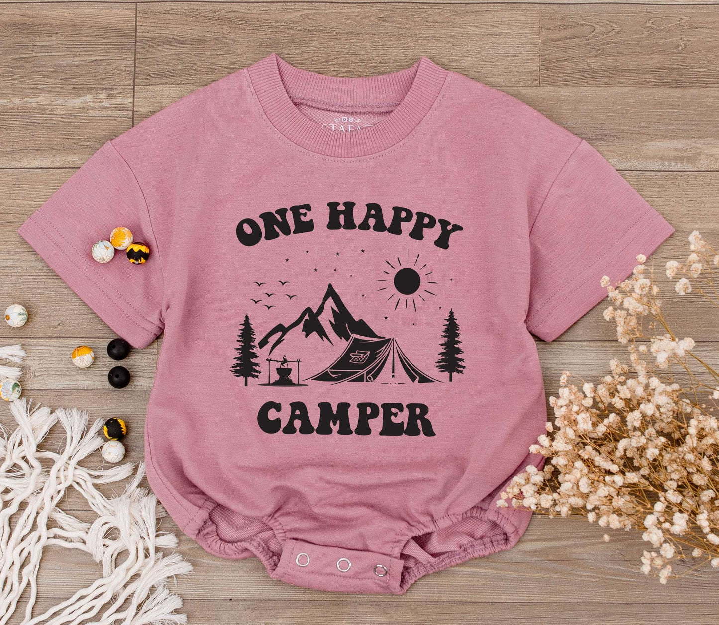 One Happy Camper Baby Romper Toddler Outfit Vintage Outdoorsy Birthday Gift Black Print Mountain Tent Design Soft Cotton Summer Adventure Clothes Little Explorer