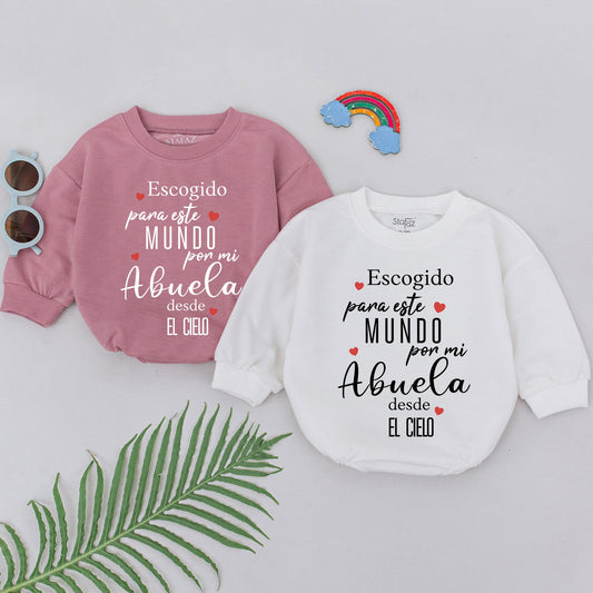 Sentimental Spanish 'Escogido para este MUNDO por mi Abuela desde EL CIELO' Baby Romper, Handpicked by Grandma Memorial Outfit Soft Cotton New Baby Shower Gift