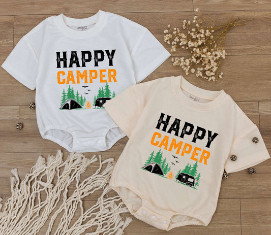 Happy Camper Baby Romper Vintage Camping Adventure Toddler Outfit with Orange Green Tent Black Forest Scene Summer Birthday Gift Newborn Kid