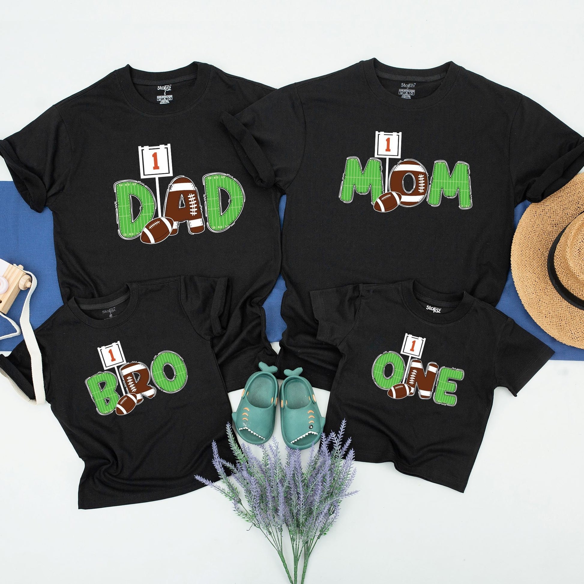 First Year Down Football 1st Birthday Matching Family Shirts Grassy Green Field Line Sports Theme Outfit Toddler Boy Party with Number One Sign