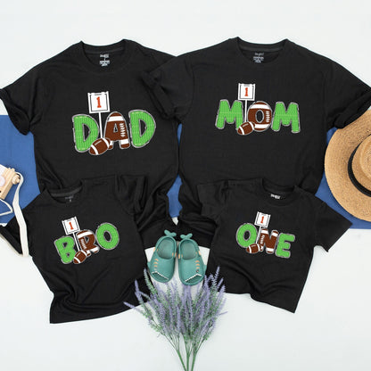 First Year Down Football 1st Birthday Matching Family Shirts Grassy Green Field Line Sports Theme Outfit Toddler Boy Party with Number One Sign