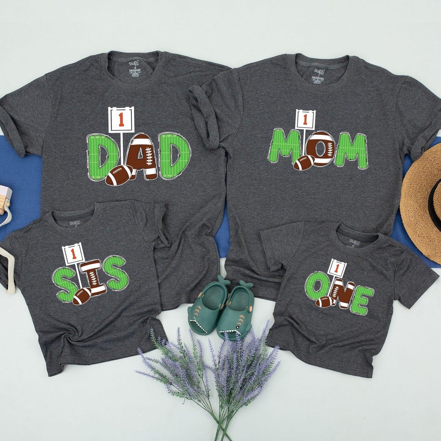 First Year Down Football 1st Birthday Matching Family Shirts Grassy Green Field Line Sports Theme Outfit Toddler Boy Party with Number One Sign
