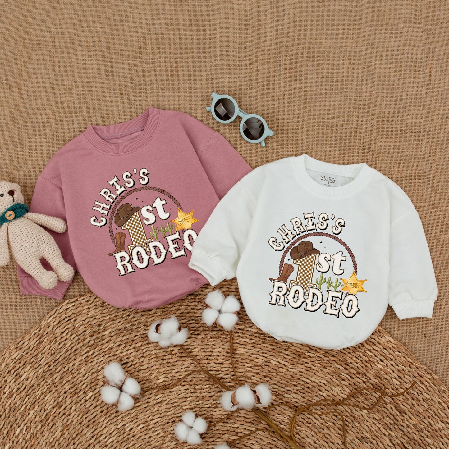 Personalized First Rodeo Birthday Romper Custom Name Western Cowboy Baby Boy Bodysuit Hat Boot Cacti Tan Brown Playful One Year Celebration Gift