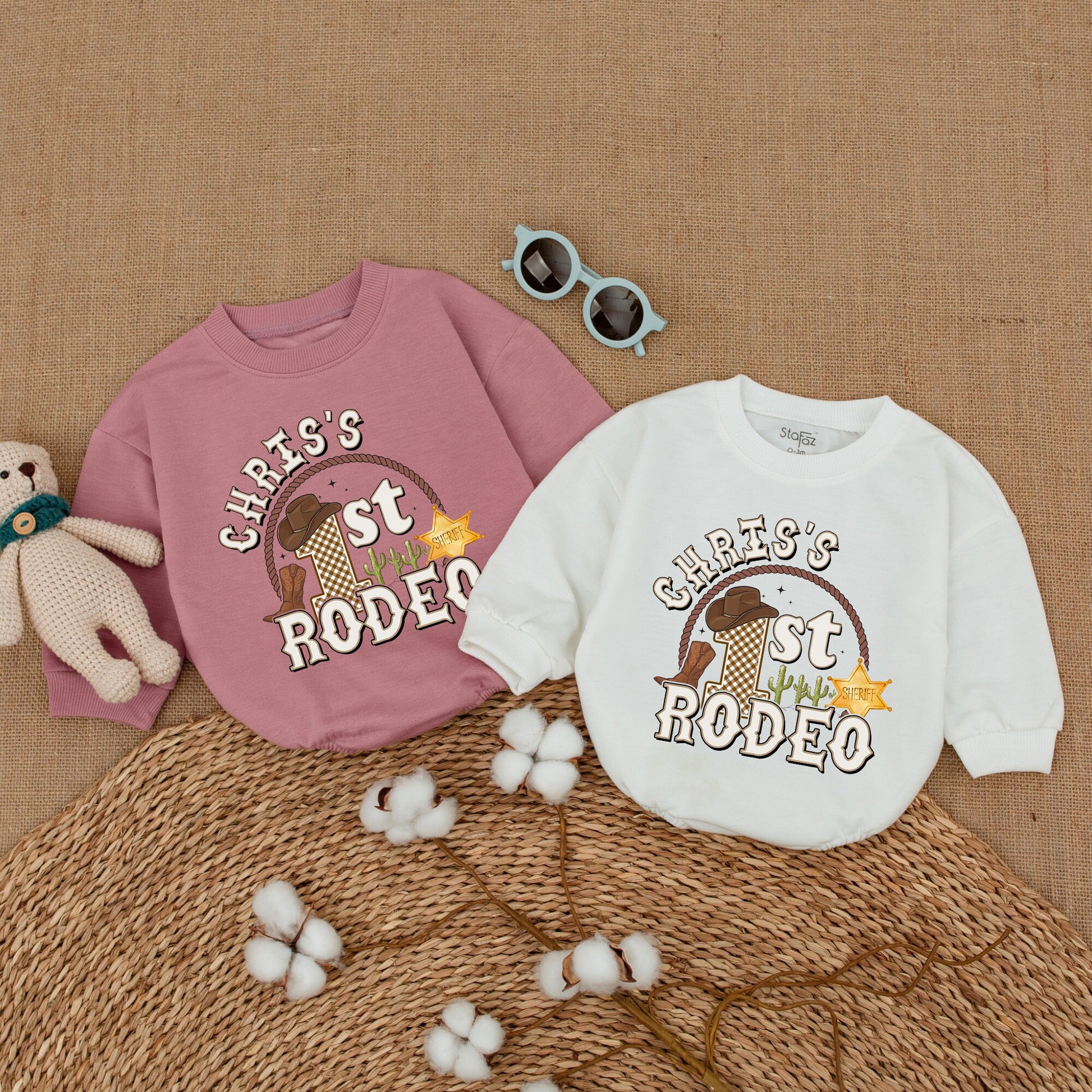 Personalized First Rodeo Birthday Romper Custom Name Western Cowboy Baby Boy Bodysuit Hat Boot Cacti Tan Brown Playful One Year Celebration Gift