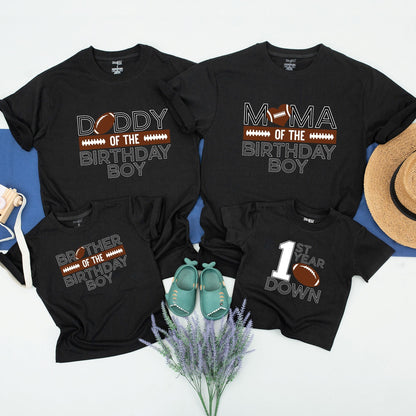 Playful Football 1st Birthday Family Matching Shirts for Boys First Year Down Party with White Outlined Graphic Tees featuring a football