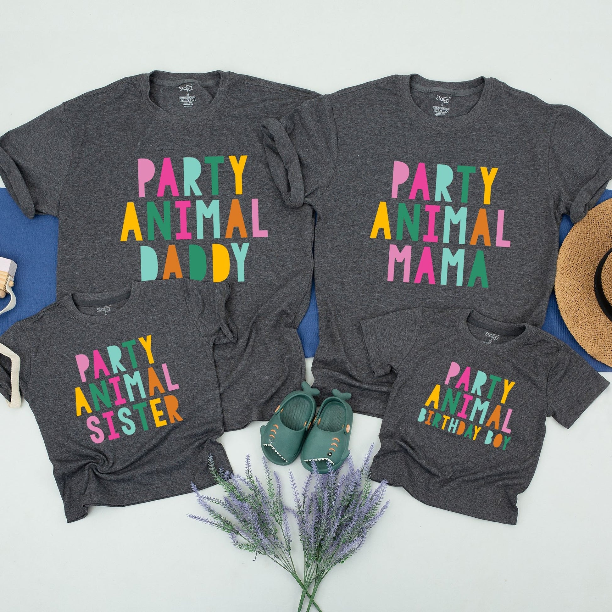 Party Animal Birthday Shirt for Family, Daddy Mama Sister Birthday Boy with Bright Wild Safari Zoo Animals Infant Toddler Youth Kids Tee