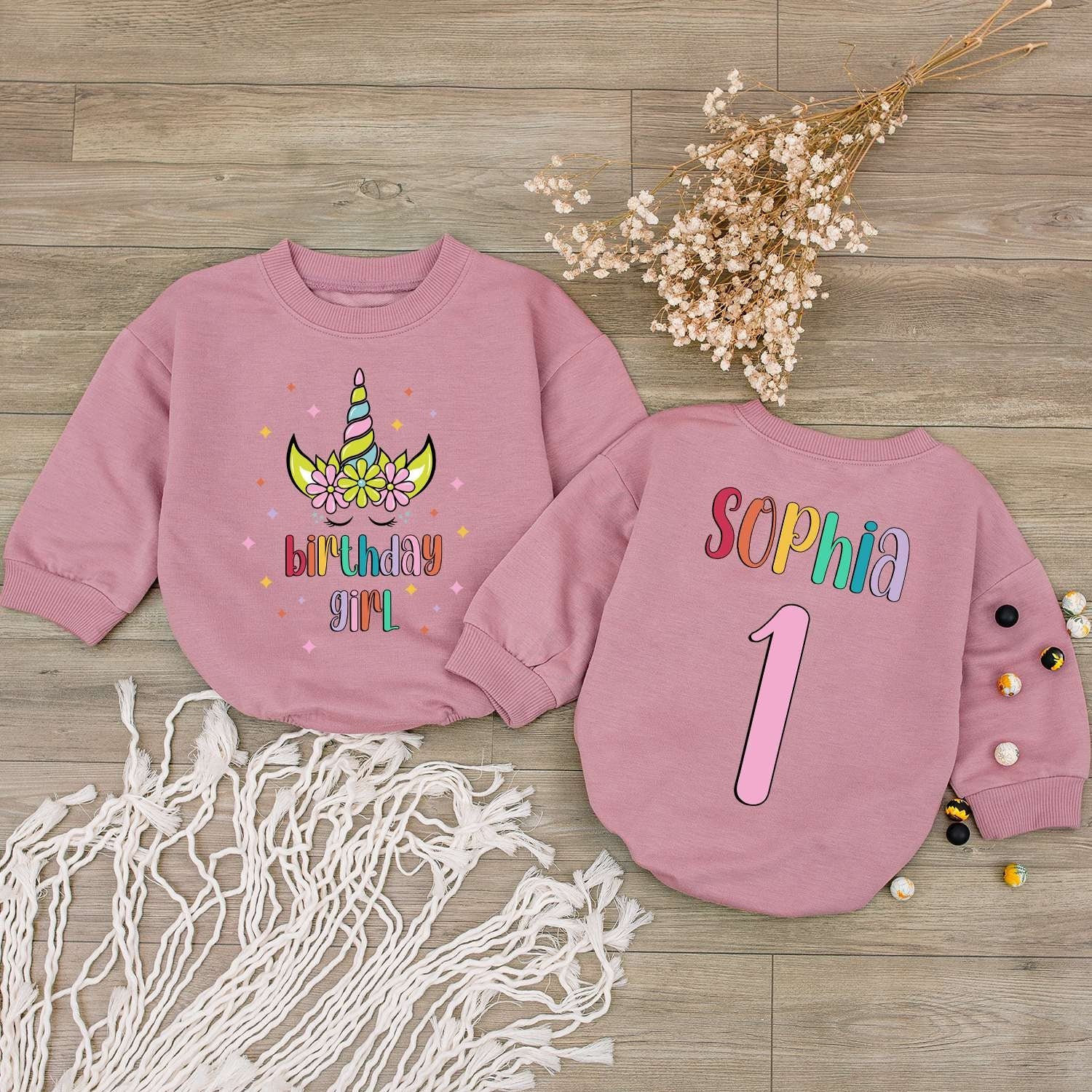 Personalized Rainbow Unicorn First Birthday Girl Bubble Romper with Flowers Custom Name Number One Baby Newborn Shower Gift Adorable Outfit