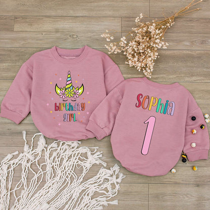 Personalized Rainbow Unicorn First Birthday Girl Bubble Romper with Flowers Custom Name Number One Baby Newborn Shower Gift Adorable Outfit