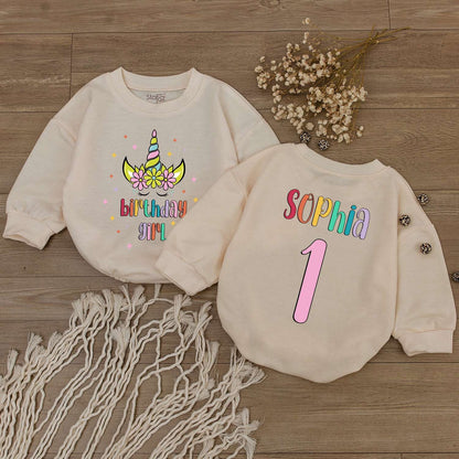 Personalized Rainbow Unicorn First Birthday Girl Bubble Romper with Flowers Custom Name Number One Baby Newborn Shower Gift Adorable Outfit