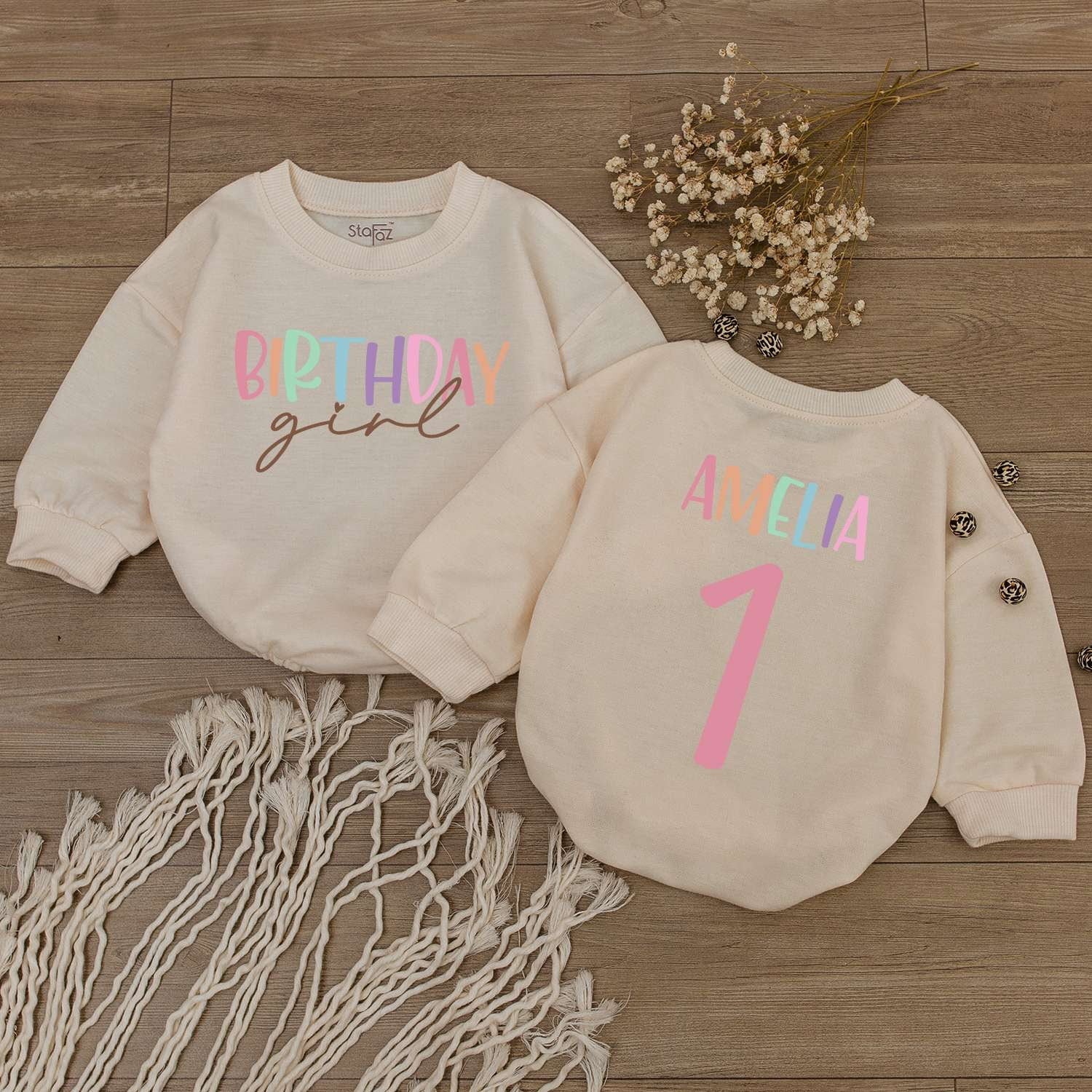 Personalized Baby Girl First Birthday Bubble Romper Cute Rainbow Letter Name & 1st Celebration Outfit Adorable Shower Gift