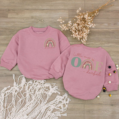 Personalized Little Miss ONE-derful Baby Romper 1st Birthday Outfit Muted Rainbow Crown Design Girl Newborn Sophia Name