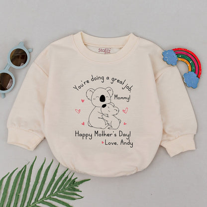 Sweet Custom Mother's Day Baby Girl Romper Koala Hug Design "You're Doing a Great Job, Mommy!" Newborn Shower Gift