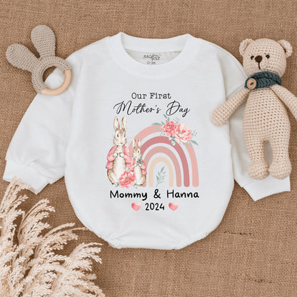 Personalized Our First Mothers Day Baby Girl Romper with Cute Bunny Design Natural Bodysuit Infant Clothes Happy 1st Mothers Day Gift