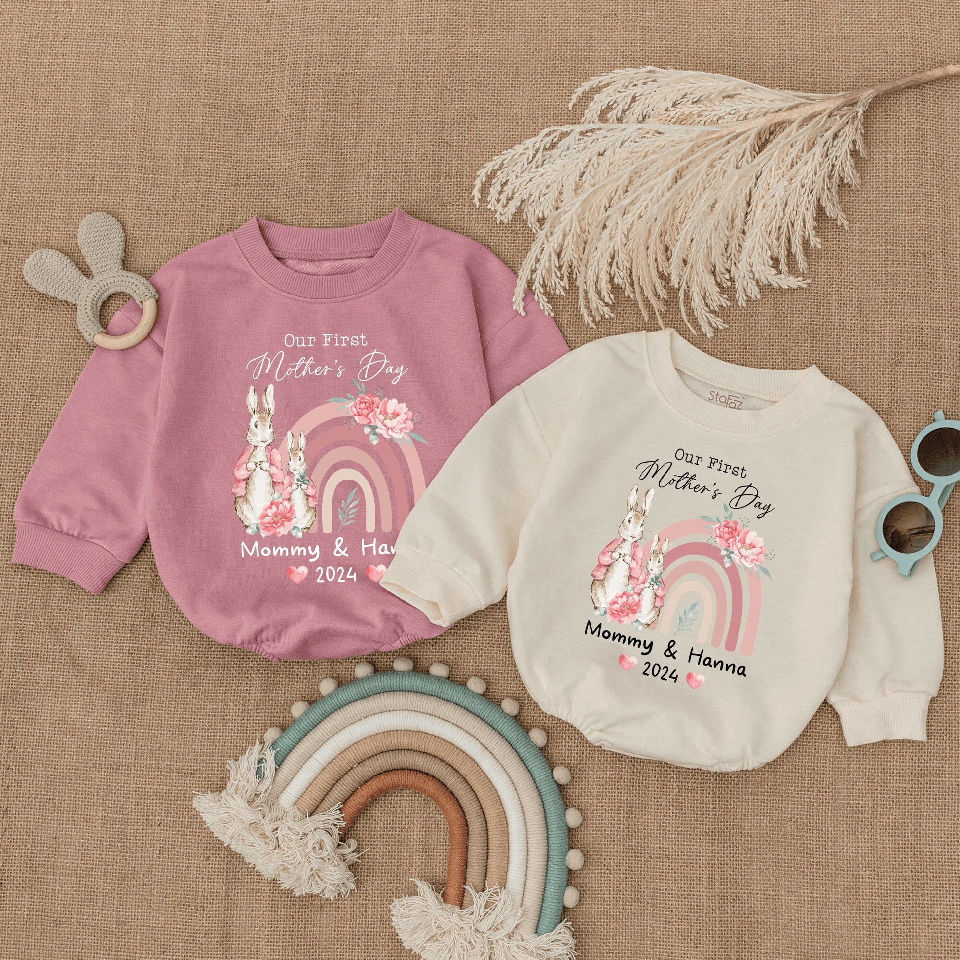 Personalized Our First Mothers Day Baby Girl Romper with Cute Bunny Design Natural Bodysuit Infant Clothes Happy 1st Mothers Day Gift