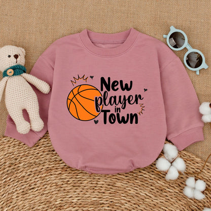 New Player In Town Baby Boy Basketball Romper Funny Bodysuit Playful Orange Ball Design Shower Gift Bubble Romper with Heart Symbols
