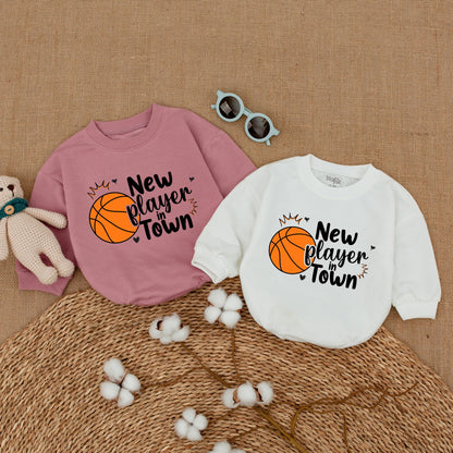 New Player In Town Baby Boy Basketball Romper Funny Bodysuit Playful Orange Ball Design Shower Gift Bubble Romper with Heart Symbols