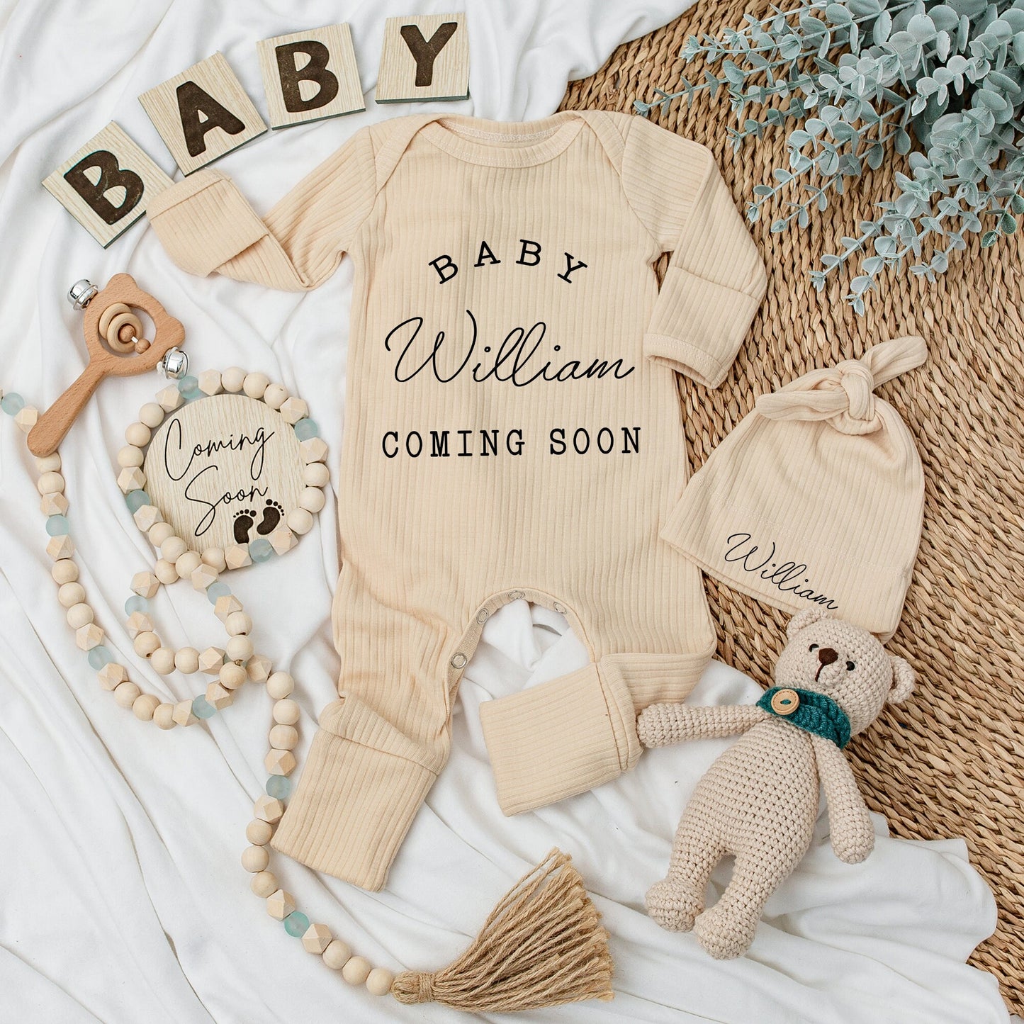 Personalized Baby Girl Coming Soon Romper Outfit with Name, Elegant Black Text Graphic Newborn Bodysuit & Hat Set, Clean Modern Shower Gift