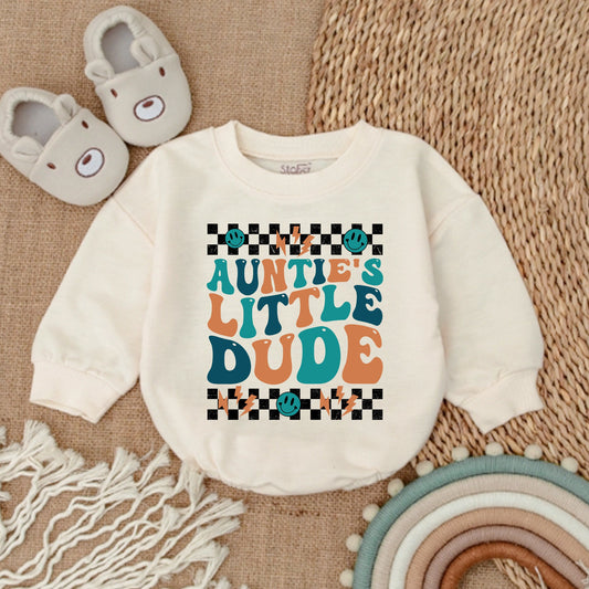 Auntie's Little Dude Baby Romper Bodysuit, Retro 70s Vintage Teal Orange Wavy Text Design, Checkerboard Smiley Lightning Bolt Infant Boy Gift