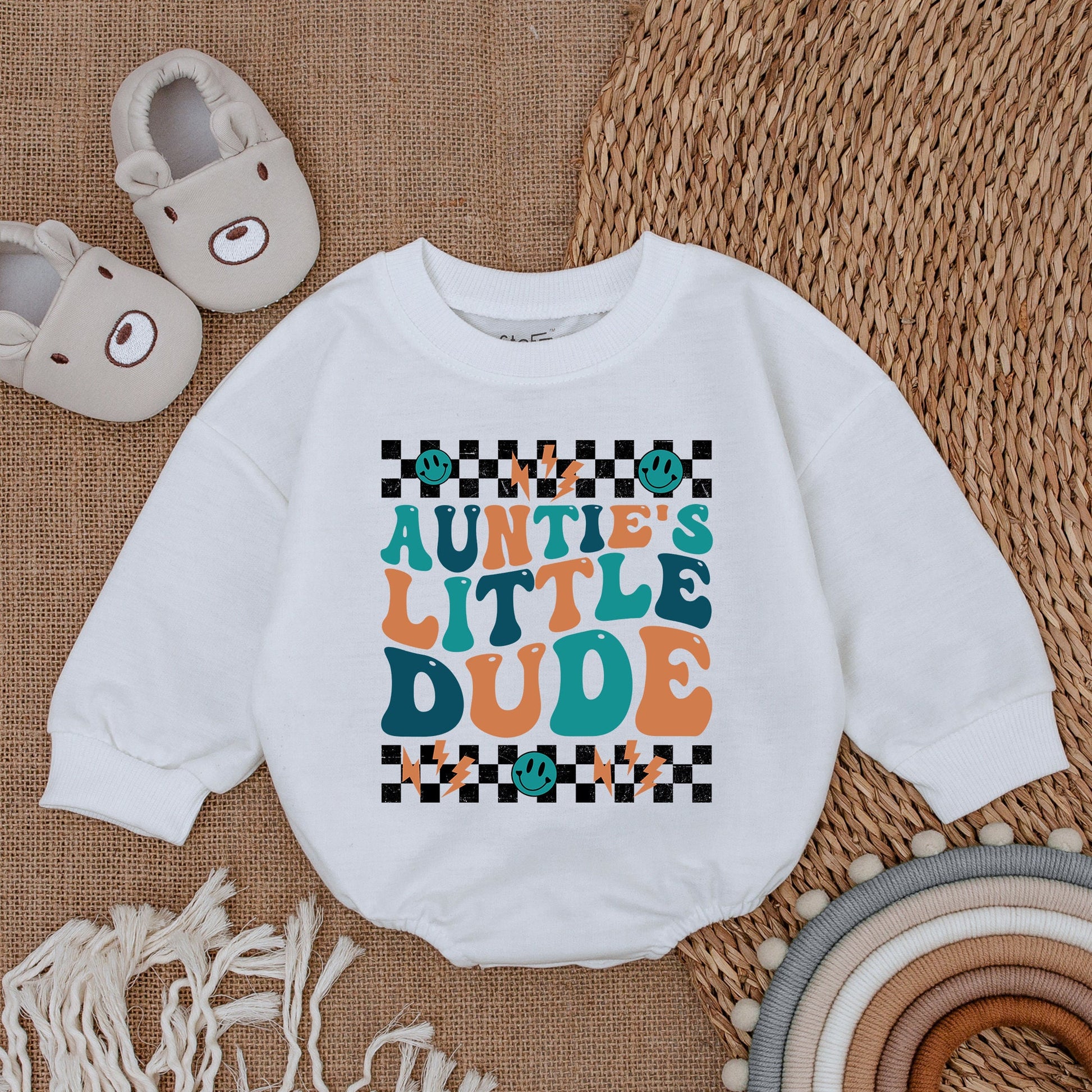 Auntie's Little Dude Baby Romper Bodysuit, Retro 70s Vintage Teal Orange Wavy Text Design, Checkerboard Smiley Lightning Bolt Infant Boy Gift
