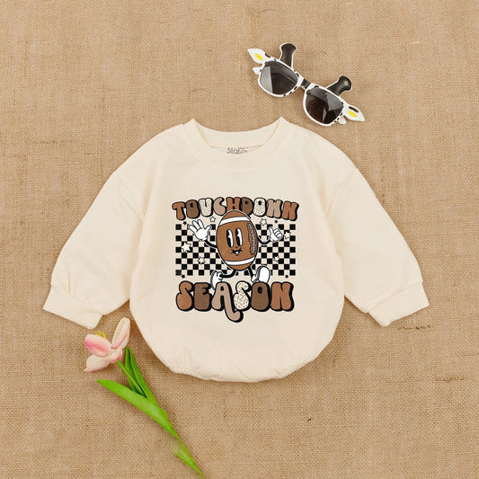 Oversized Touchdown Season Football Baby Romper Vintage Checkered Design Jumpsuit for Baby Shower Gift or Football Fan Outfit
