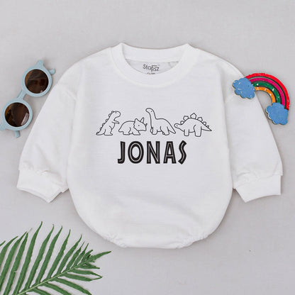 Personalized Baby Boy Dinosaur Romper Bubble Bodysuit with Custom Name Cartoon Silhouettes Playful Design Soft Cotton Birthday Gift Idea Coming Home Outfit