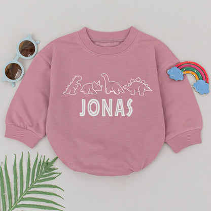 Personalized Baby Boy Dinosaur Romper Bubble Bodysuit with Custom Name Cartoon Silhouettes Playful Design Soft Cotton Birthday Gift Idea Coming Home Outfit