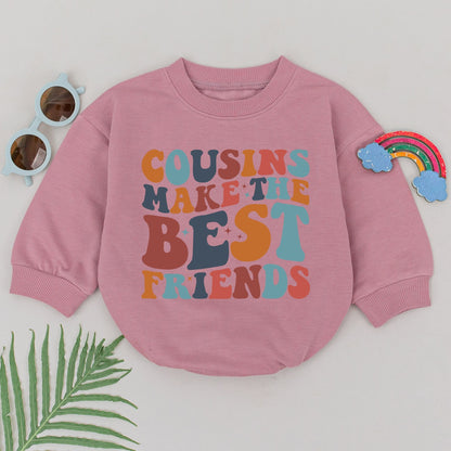 Cousins Make Best Friends Retro Romper Baby Bodysuit Vibrant 70s Stars Fun Orange Navy Blue Teal Colors Toddler Outfit Shower Gift