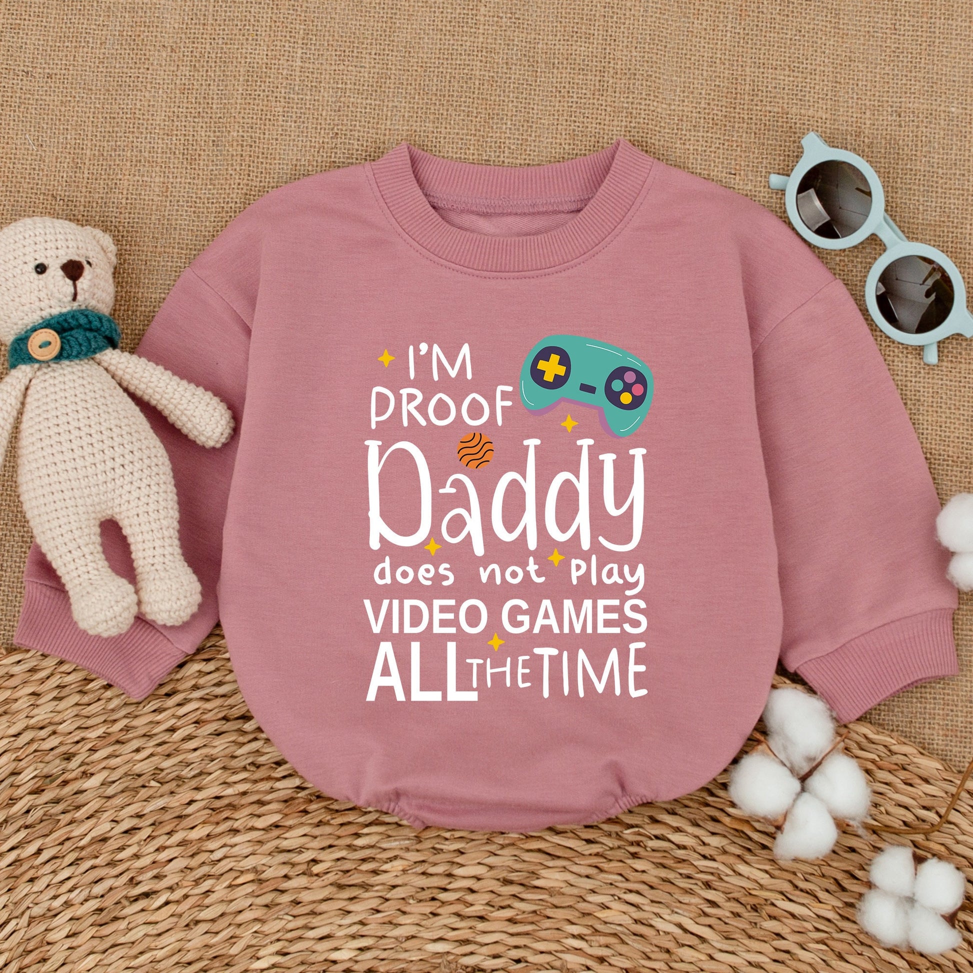 I'm Proof Daddy Does Not Play Video Games All The Time Romper Teal Video Game Controller Baby Bodysuit Father's Day Gamer Dad Gift Announcement Outfit