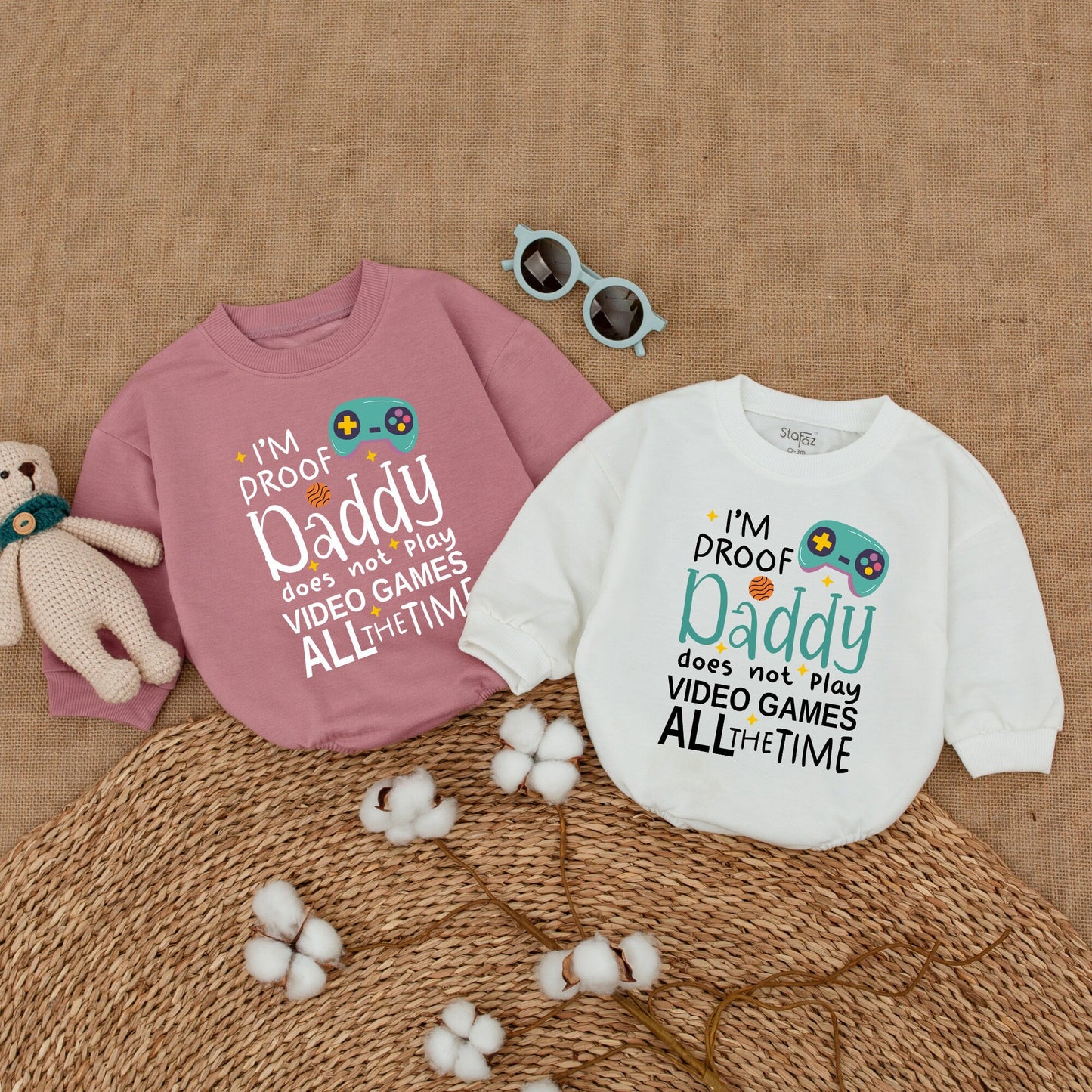 I'm Proof Daddy Does Not Play Video Games All The Time Romper Teal Video Game Controller Baby Bodysuit Father's Day Gamer Dad Gift Announcement Outfit