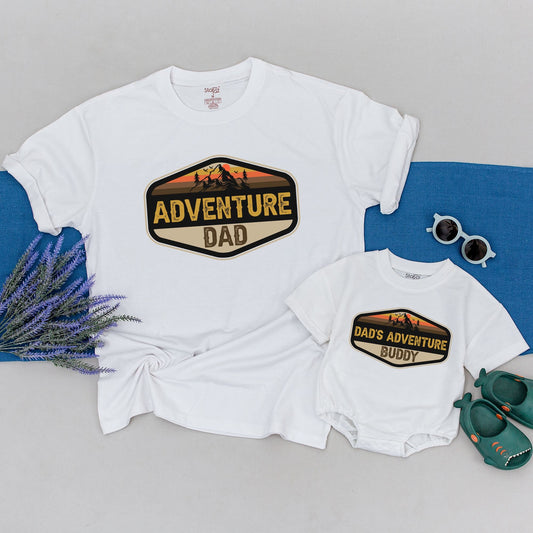 Adventure Dad and Son Matching Shirts Vintage Mountain Design Earthy Sunset Colors First Father's Day Gift Set