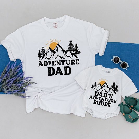 Adventure Dad & Son Matching Shirts, Dad's Adventure Buddy First Father's Day Gift, Mountain Sun Design Black Golden Yellow Outdoorsy Comfortable