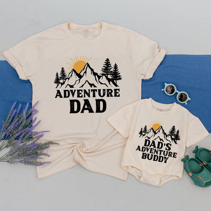 Adventure Dad & Son Matching Shirts, Dad's Adventure Buddy First Father's Day Gift, Mountain Sun Design Black Golden Yellow Outdoorsy Comfortable