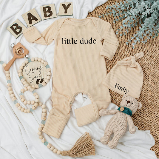 Personalized Baby Bodysuit Hat Set Little Dude Emily Name Modern Design Newborn Shower Gift Cute Girl Clothes Birthday Outfit Coming Home