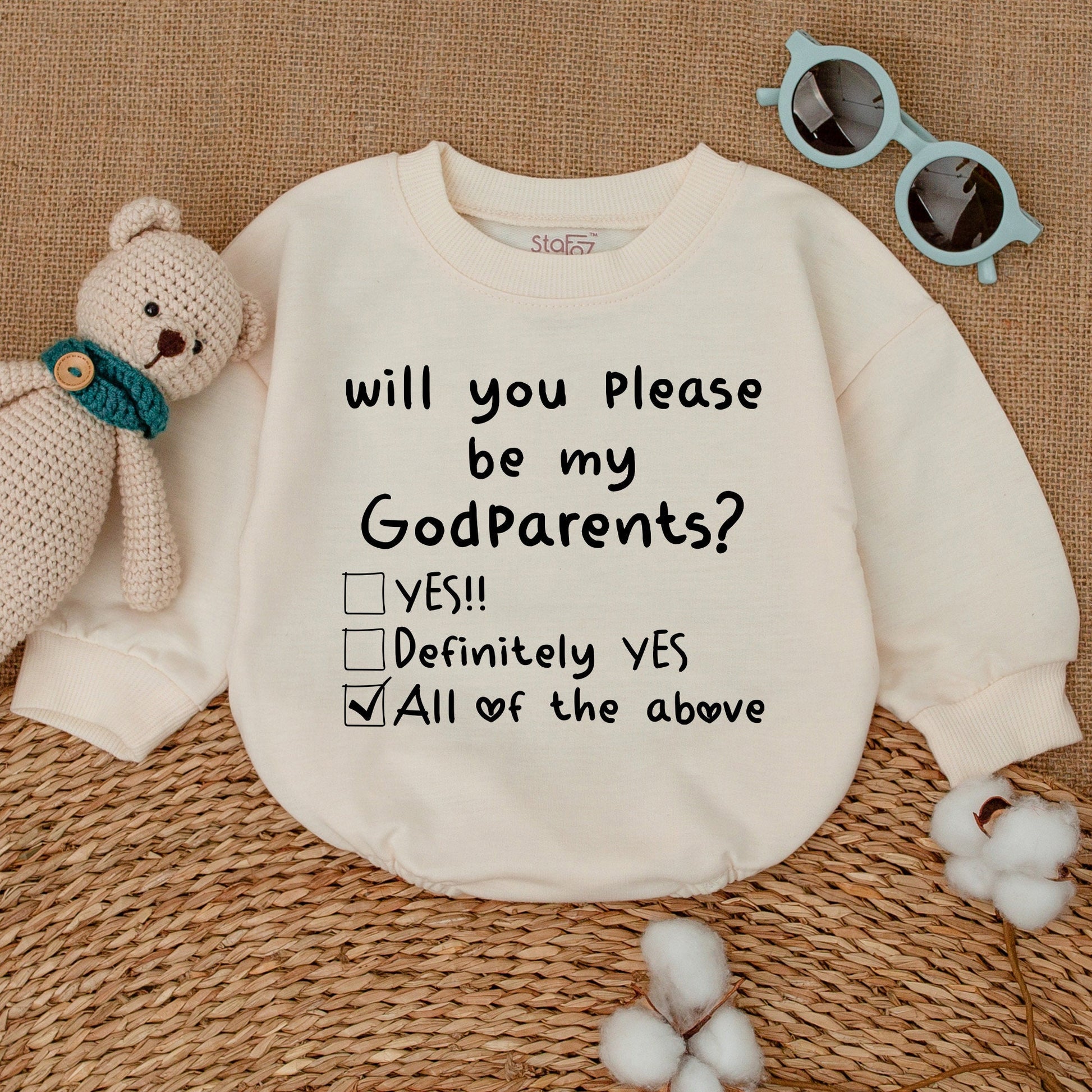 Will You Please Be My Godparents Baby Romper Proposal Bodysuit New Godparents Reveal Announcement Outfit Black Text White Checkbox Hearts Simple Design Shower Gift