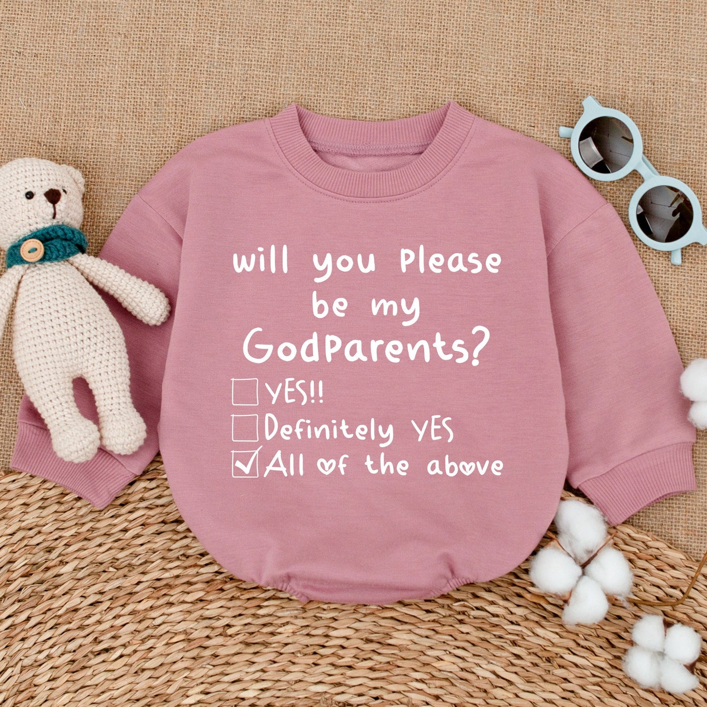 Will You Please Be My Godparents Baby Romper Proposal Bodysuit New Godparents Reveal Announcement Outfit Black Text White Checkbox Hearts Simple Design Shower Gift