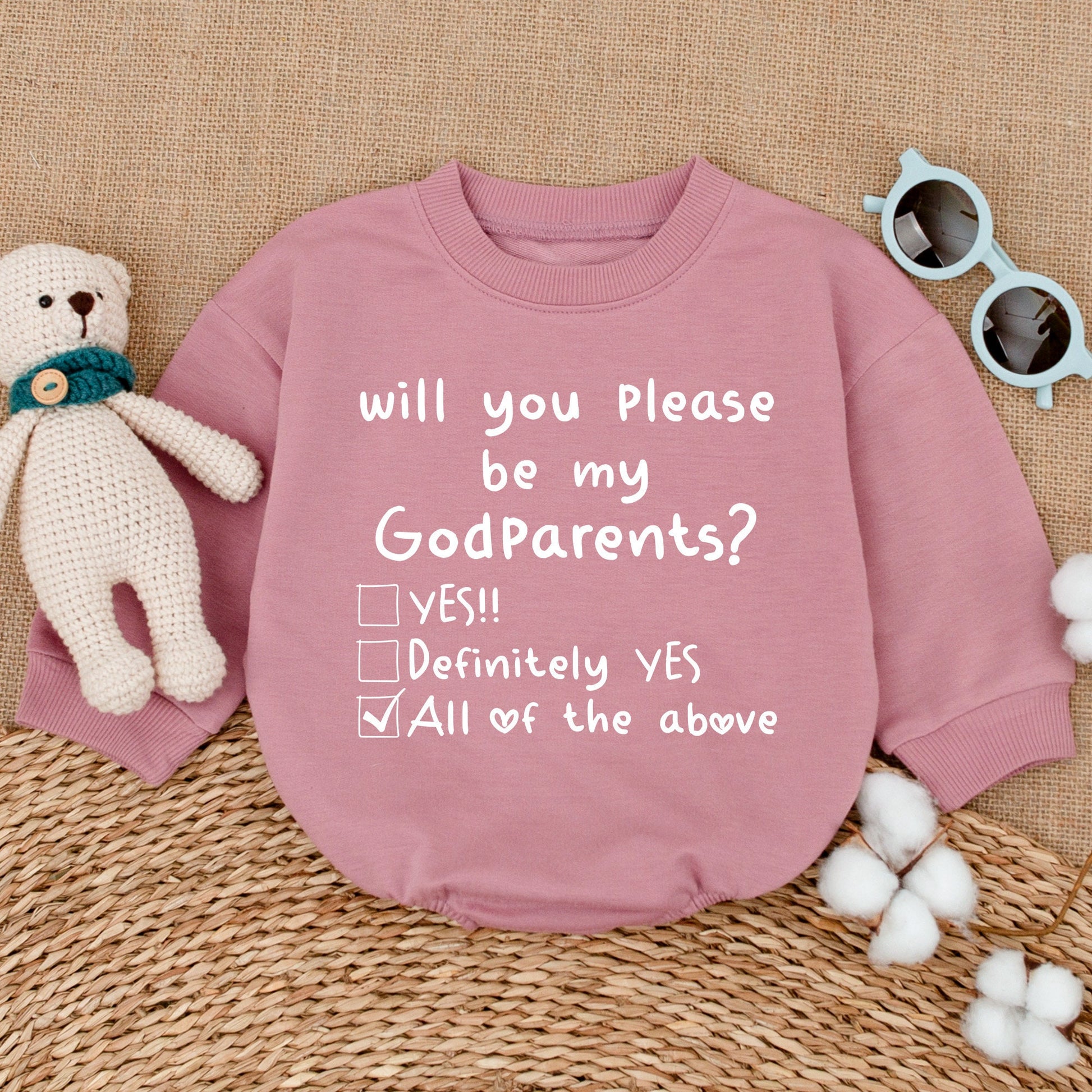 Will You Please Be My Godparents Baby Romper Proposal Bodysuit New Godparents Reveal Announcement Outfit Black Text White Checkbox Hearts Simple Design Shower Gift
